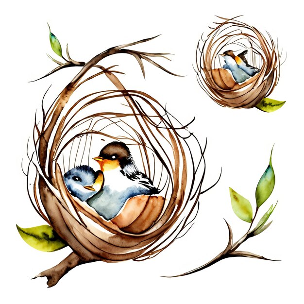 Photo a watercolor painting of birds in a nest