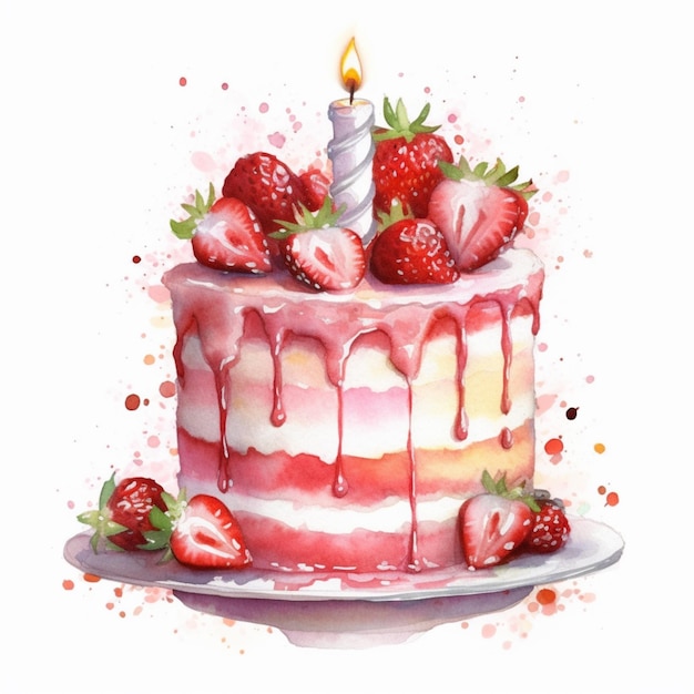 ろうそくのついた誕生日ケーキとその上に「お誕生日おめでとう」という文字が描かれた水彩画。