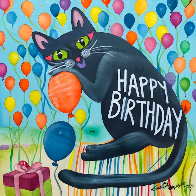 Photo watercolor painting black cat birthday party