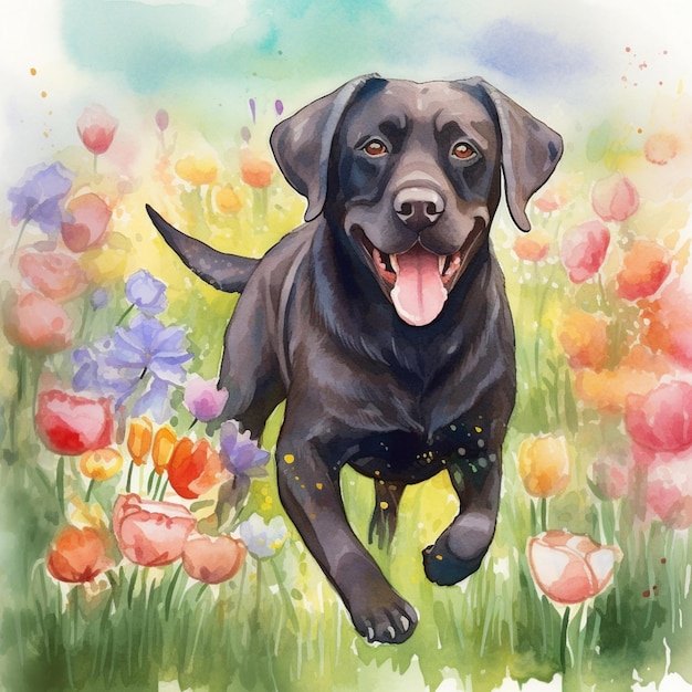 A watercolor painting of a black lab running through a field of tulips.