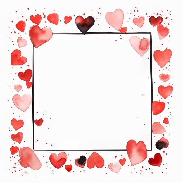 Photo watercolor painting of black square frame with red hearts