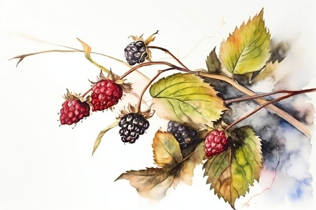 A watercolor painting of blackberries and leaves.