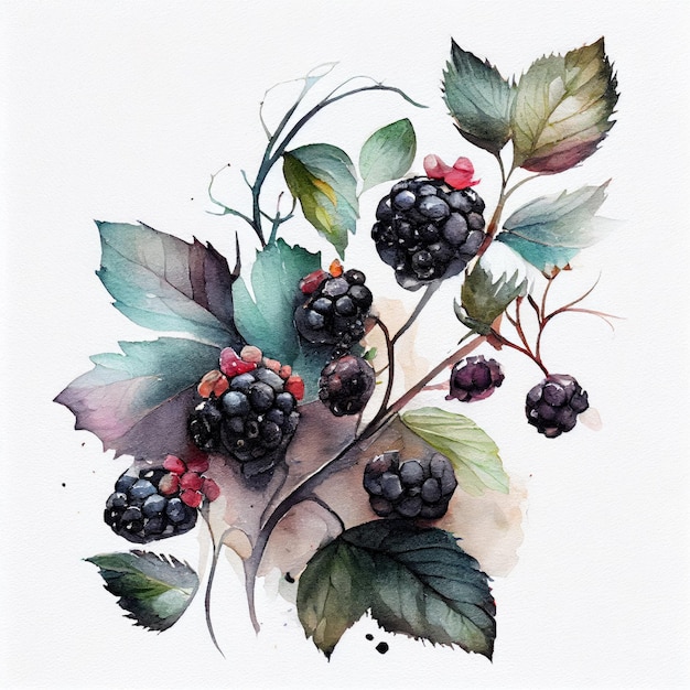 A watercolor painting of a blackberry with leaves and berries.