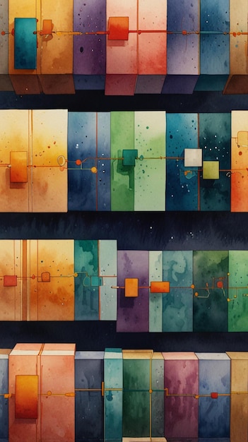 watercolor painting blocky abstract explorations of quantum computing minimalist 3d visualizations of qubits and quantum algorithms exploring the future of computation through quantum mechanics
