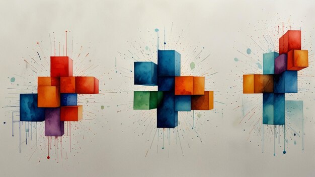 watercolor painting blocky abstract explorations of quantum computing minimalist 3d visualizations of qubits and quantum algorithms exploring the future of computation through quantum mechanics