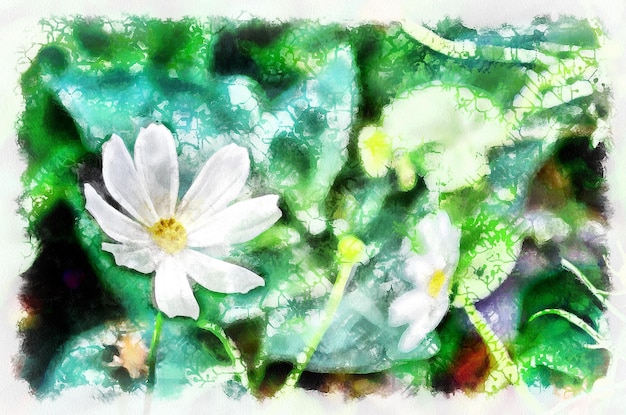 水彩画咲くコスモスの花アクアレル染料で描かれた手描きの現代デジタルアートの模倣