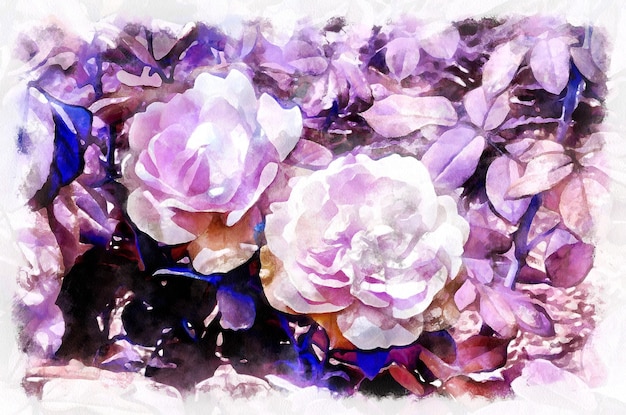 Watercolor painting blooming flowers Modern digital art imitation of hand painted with aquarells dye