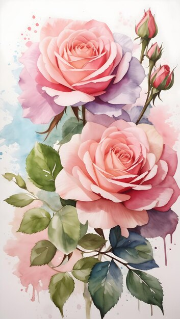 Watercolor and painting blooming pink roses flowers Plants and floral Illustration