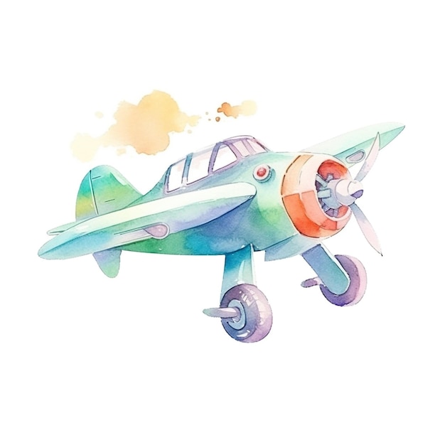 A watercolor painting of a blue airplane with the word airplane on the front.