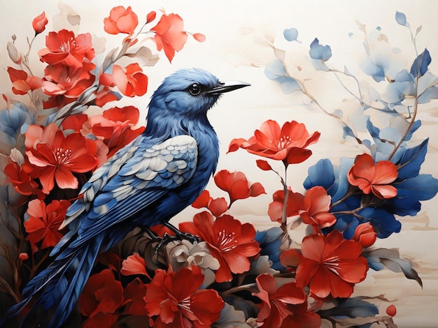 Watercolor painting of a blue bird on a branch with red flowers