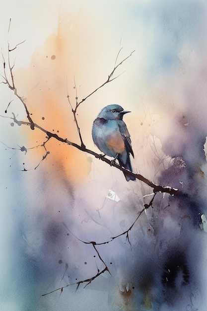 A watercolor painting of a blue bird on a branch.