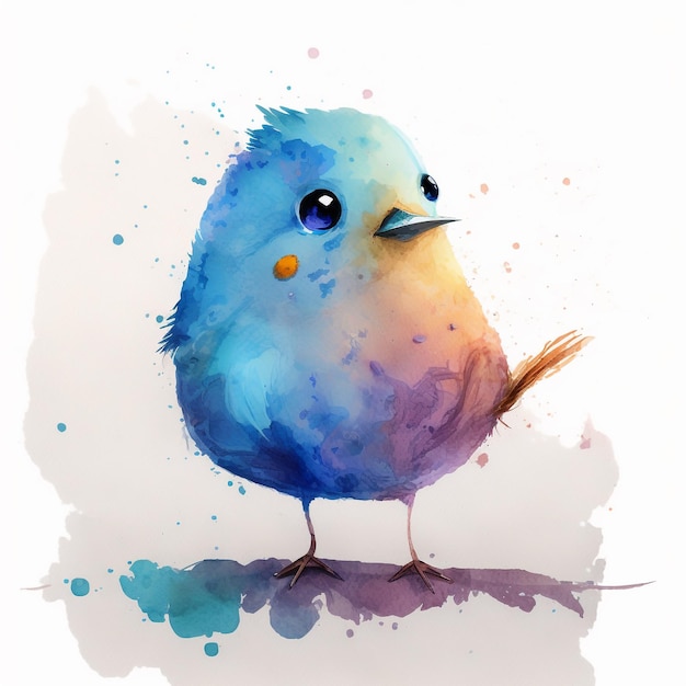 A watercolor painting of a blue bird with a purple and yellow beak.