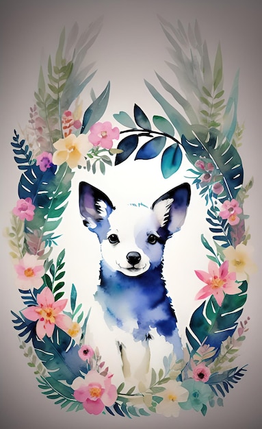 花のフレームに青いチワワ犬の水彩画。