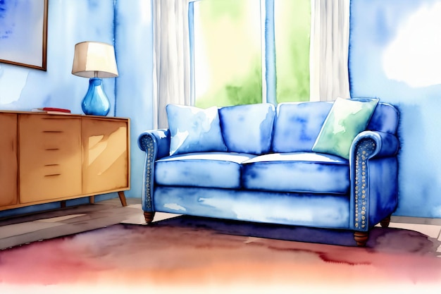 A Watercolor Painting Of A Blue Couch In A Living Room