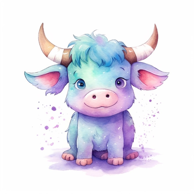 A watercolor painting of a blue cow with horns.