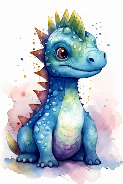 A watercolor painting of a blue dragon with a green horn on its head.