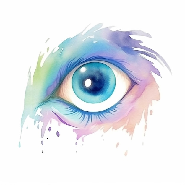 A watercolor painting of a blue eye with a rainbow colored background.