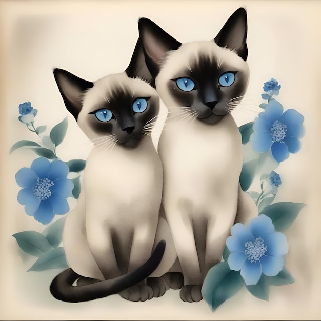 Watercolor painting of blue eyed siamese cats with blue flowers