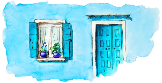 Watercolor painting of blue facade of the house with blue door and window Burano Venice Italy