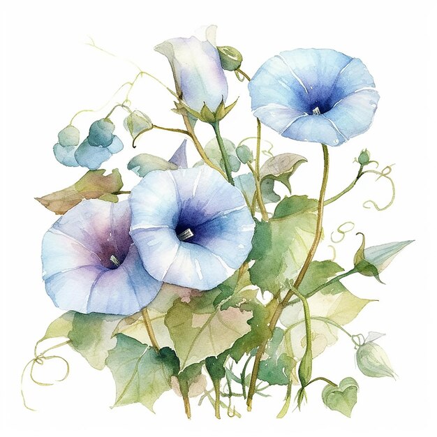 A watercolor painting of blue flowers with green leaves.