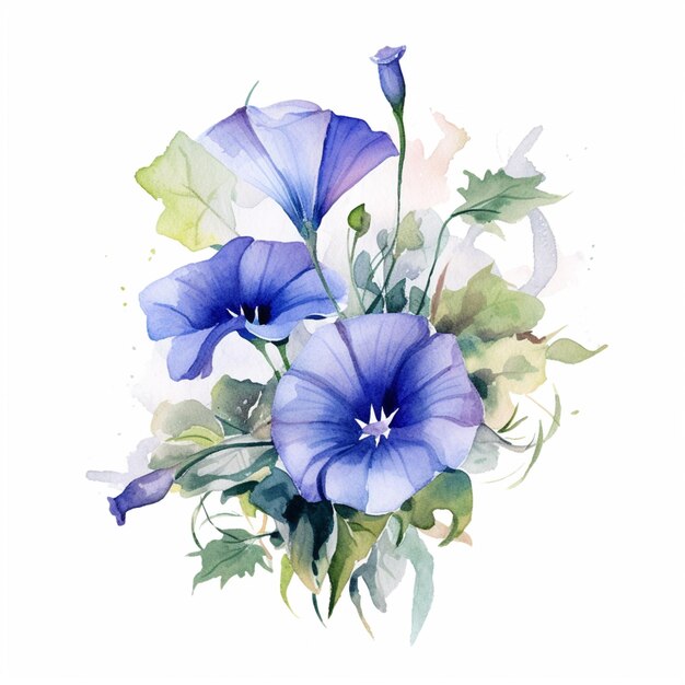 A watercolor painting of blue flowers with the word morning on it.