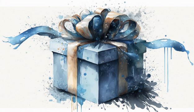 A watercolor painting of a blue gift with a ribbon on it.