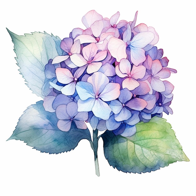 A watercolor painting of a blue hydrangea with green leaves.