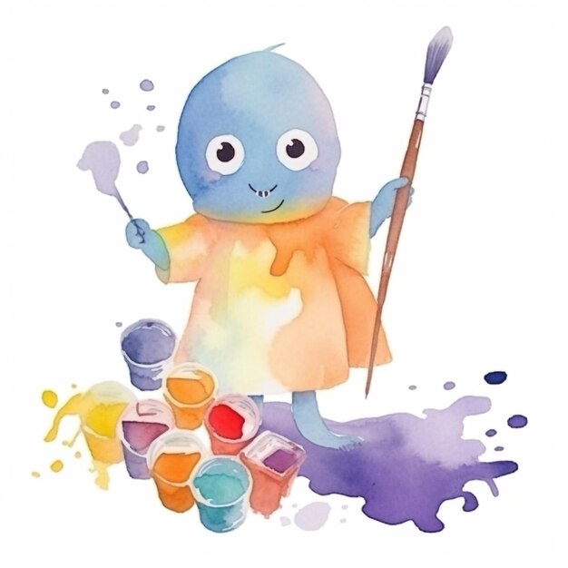 Photo a watercolor painting of a blue monster with a paint brush.