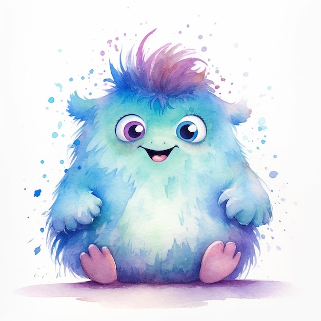 A watercolor painting of a blue monster with purple hair and purple eyes.