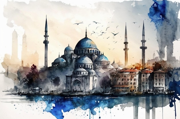 A watercolor painting of a blue mosque in istanbul