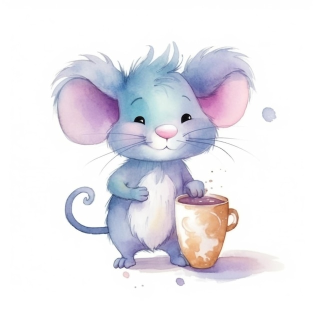Акварельная картина голубой мыши, держащей кружку кофе.