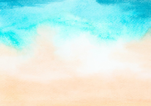 Watercolor painting blue ocean wave on sandy beach background