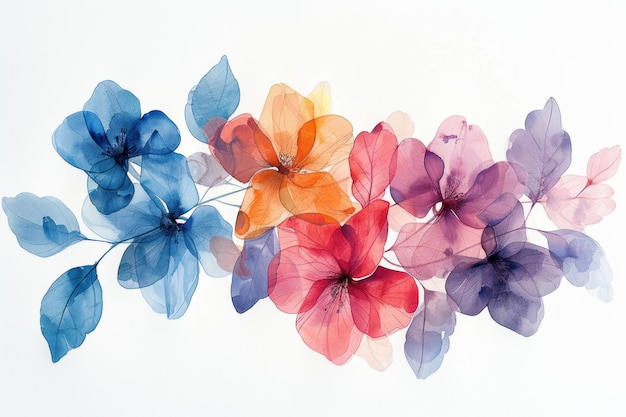 파란색, 오렌지색, 빨간색, 보라색 꽃 의 수채화 그림
