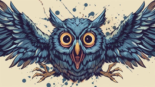 A watercolor painting of a blue owl with large yellow eyes The owl has its wings spread and is looking at the viewer