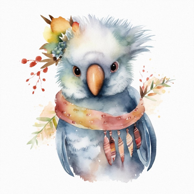 A watercolor painting of a blue parrot with a scarf and flowers.