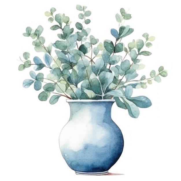 a watercolor painting of a blue vase with a plant in it.