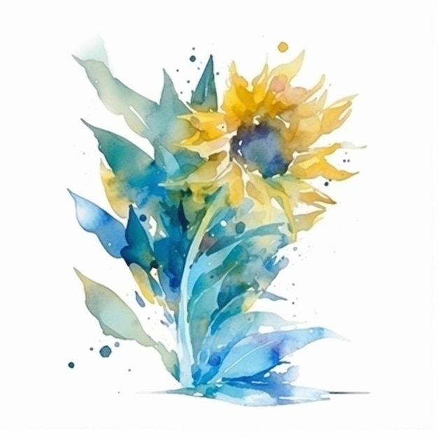 A watercolor painting of a blue and yellow sunflower.