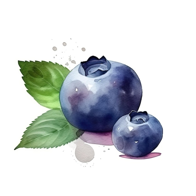 Watercolor painting of blueberries with green leaves