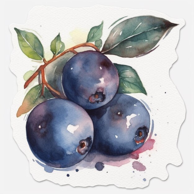 Watercolor painting of blueberries with a leaf on it