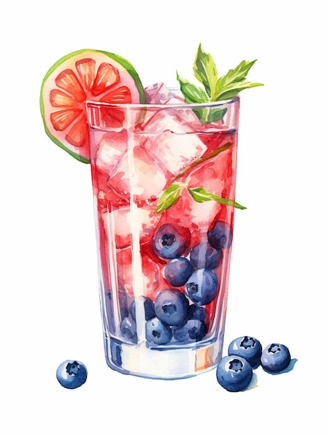 A watercolor painting of a blueberry cocktail with ice cubes and a slice of lime.