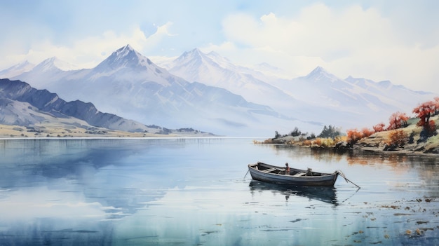 Photo a watercolor painting of a boat on a lake with a mountain range in the background ai generative