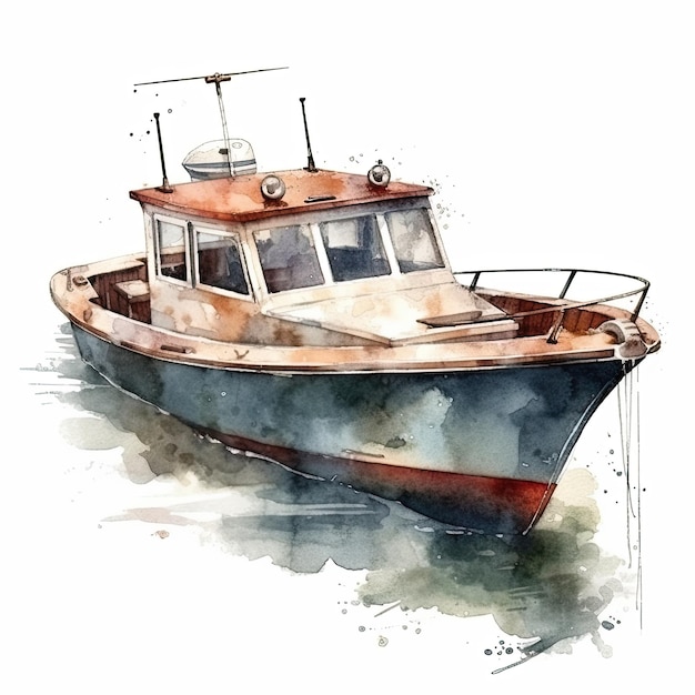 A watercolor painting of a boat in the water.