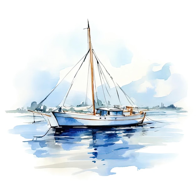 A watercolor painting of a boat in the water