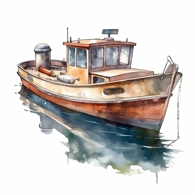 前面に「海」という文字が描かれたボートの水彩画。