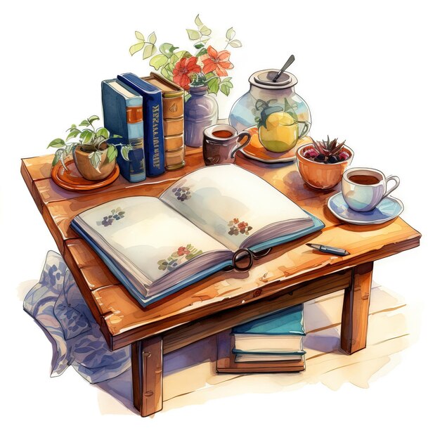 Watercolor painting of a book and cup of tea on a table