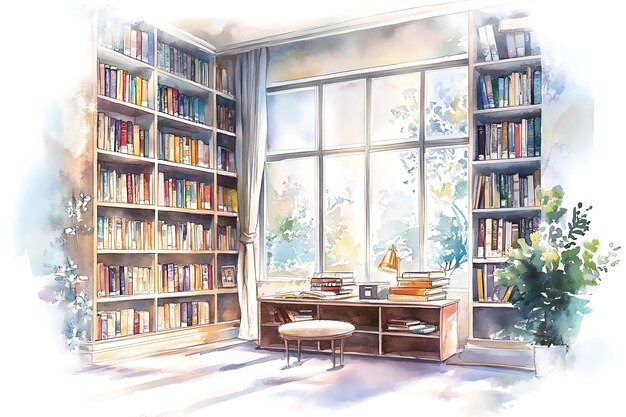 窓から見える本で満たされた部屋の水彩画 | Premium AI生成画像