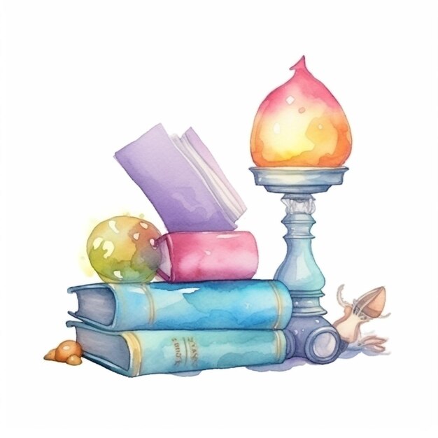 Photo a watercolor painting of books and a lamp.