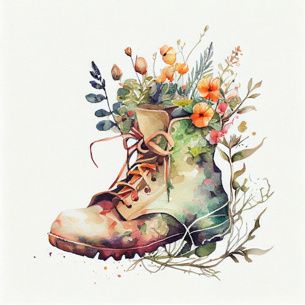 A watercolor painting of a boot with flowers and leaves