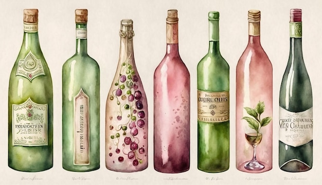 ワインボトルとワイングラスの水彩画。