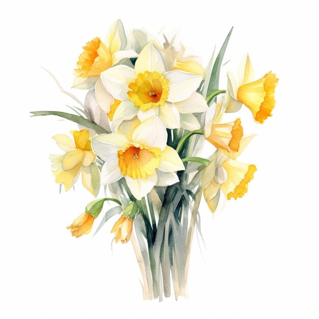 A watercolor painting of a bouquet of daffodils.